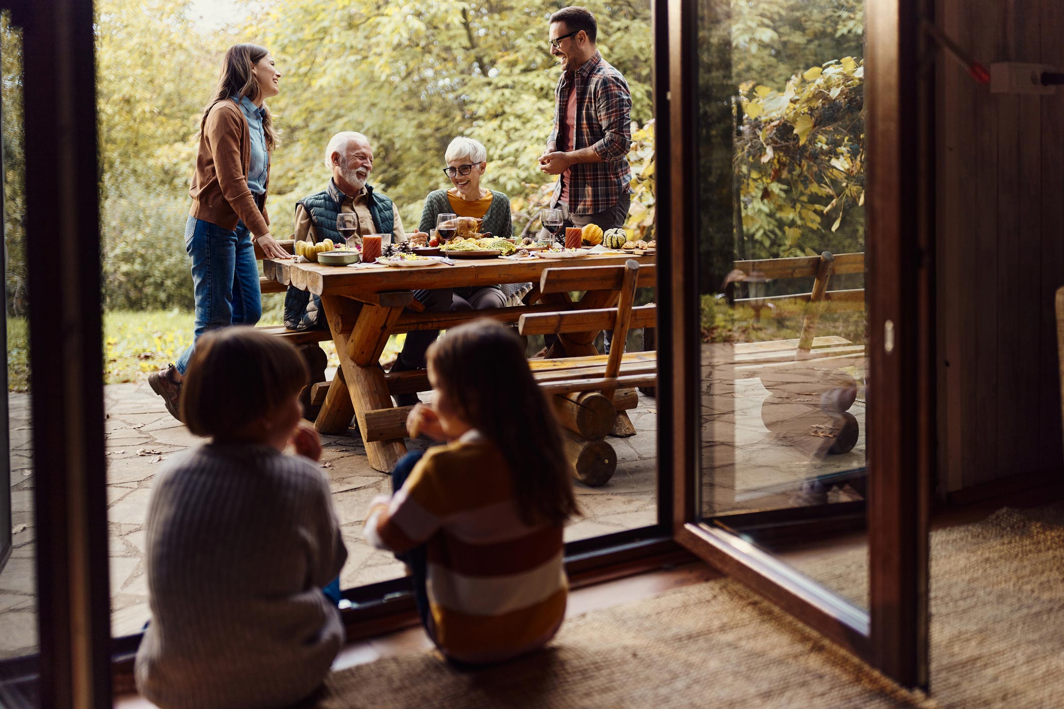 family picnicking at home